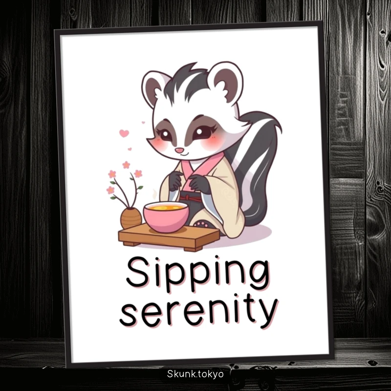 Funny kawaii skunk poster, wearing a formal kimono, performing a delicate tea ceremony, elegant and humorous wall art.
