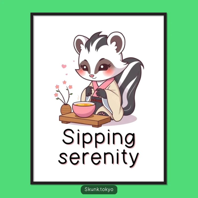 Funny Kawaii Skunk Poster: Tea Ceremony Art, Elegant & Humorous Wall Decor