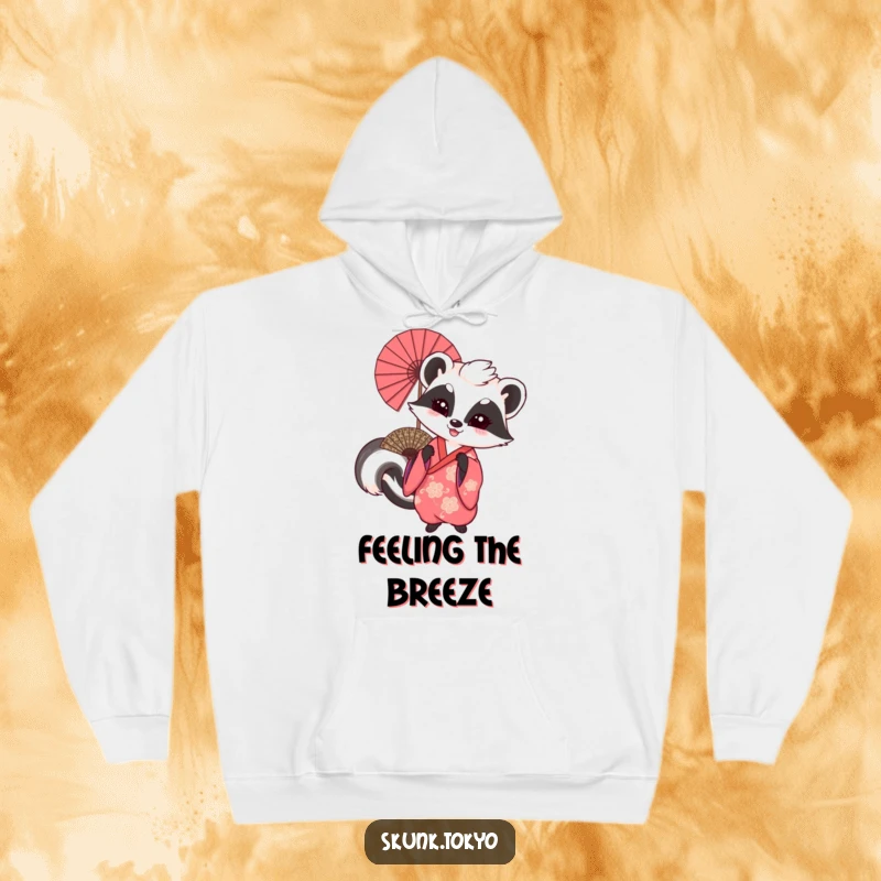 Funny and warm hoodie featuring a skunk in a kimono playfully waving a large fan, perfect for cozy festive moments.