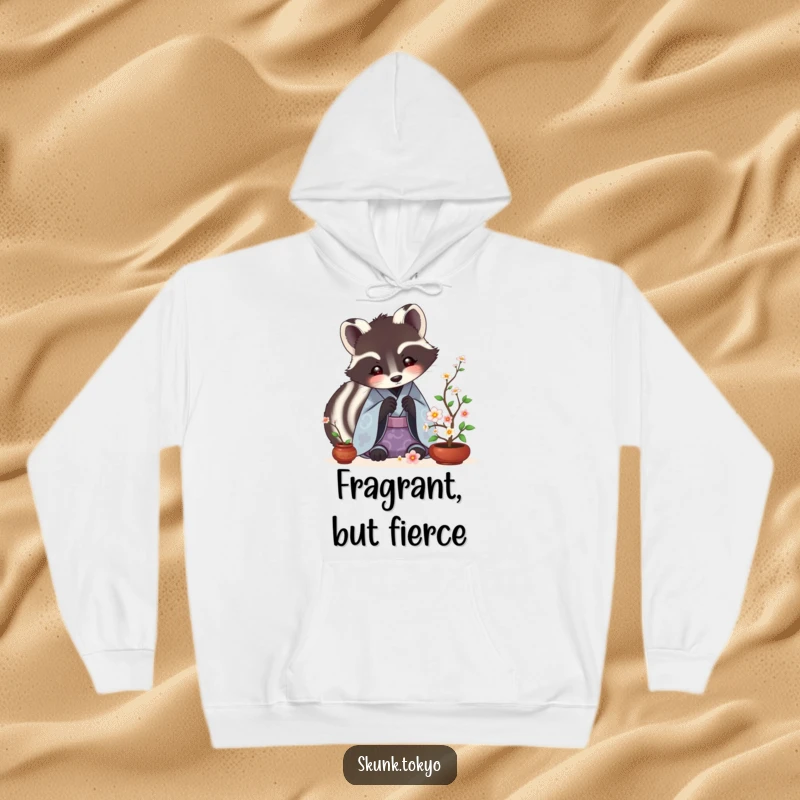 Funny Skunk Ikebana Hoodie featuring a skunk in a kimono artfully arranging small Ikebana flowers. A cozy and funny gift.