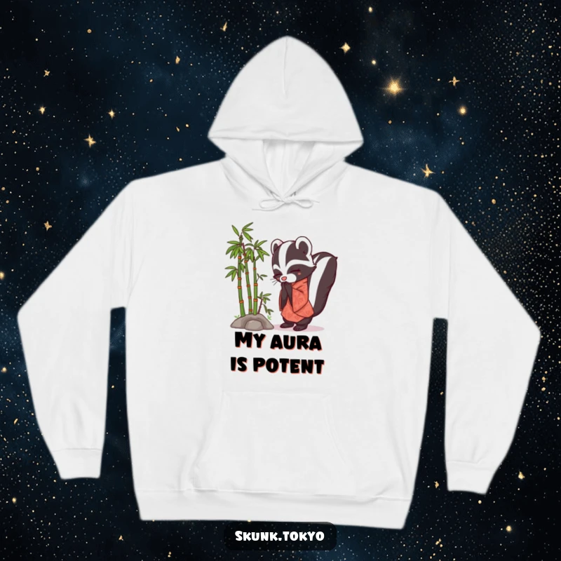 Funny Skunk Kimono Hoodie showcasing a polite skunk in a kimono, bowing gracefully by a serene bamboo grove.