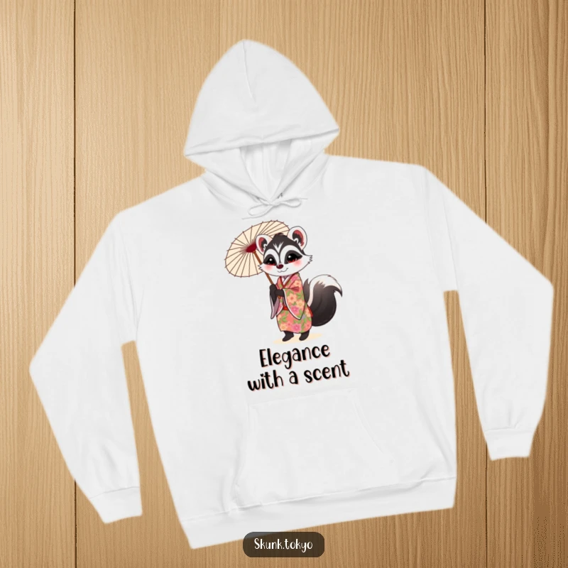 Funny Skunk Hoodie: A cute skunk adorned in a floral kimono twirls a pretty parasol, offering cozy charm.