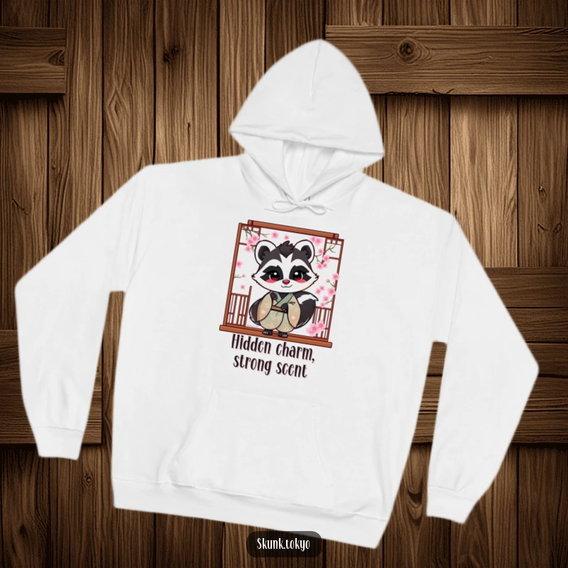 Funny Skunk Hoodie: A skunk in a silk kimono playfully peeks from behind a cherry blossom screen, offering cozy charm.