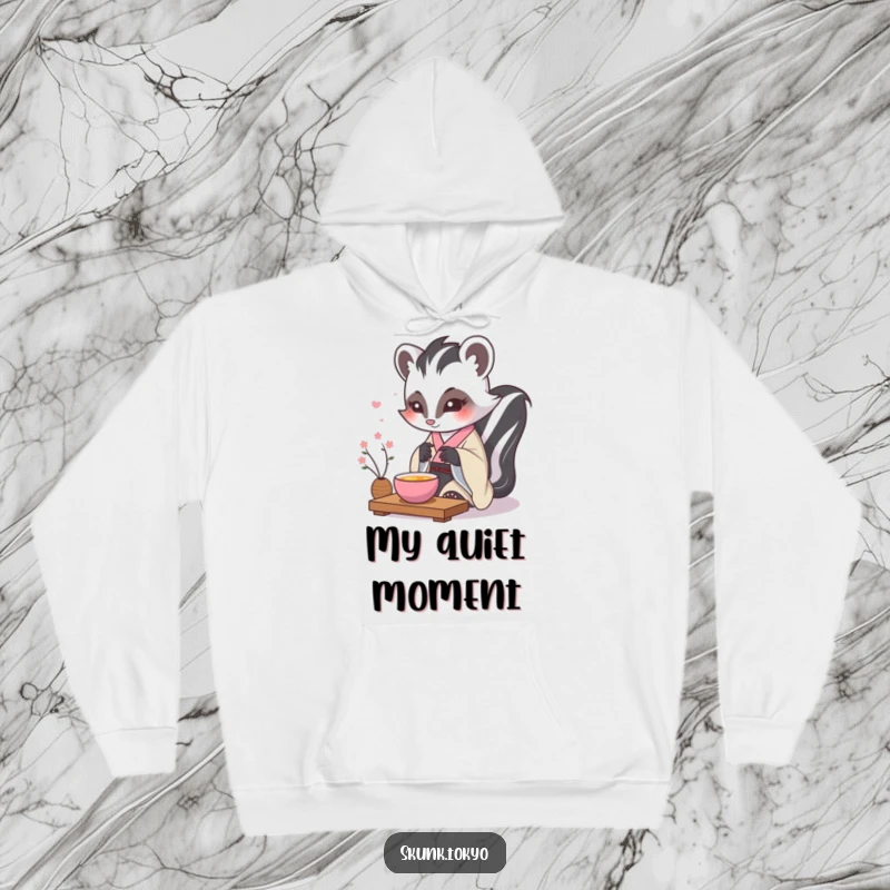Funny kawaii skunk hoodie, dressed in a formal kimono, performing a delicate tea ceremony, a warm and humorous statement piece.
