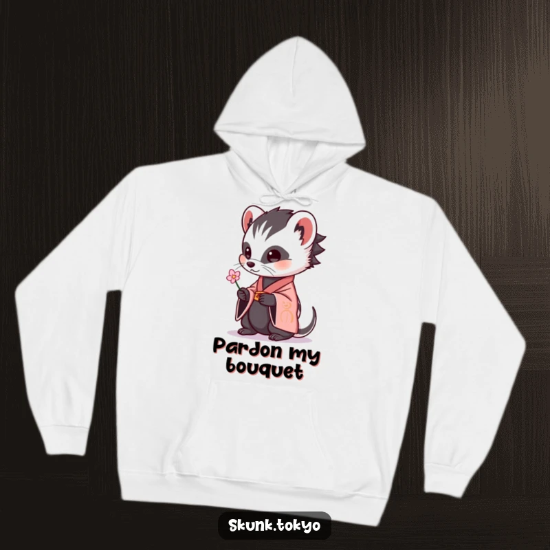 Funny skunk in a traditional kimono, holding out a single, delicate flower with its paws, printed on a cozy hoodie.