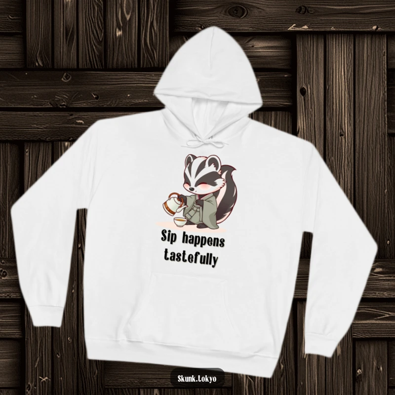 Funny Skunk Hoodie: A skunk in a kimono delicately pours tea from a miniature kettle, offering cozy serenity and humor.