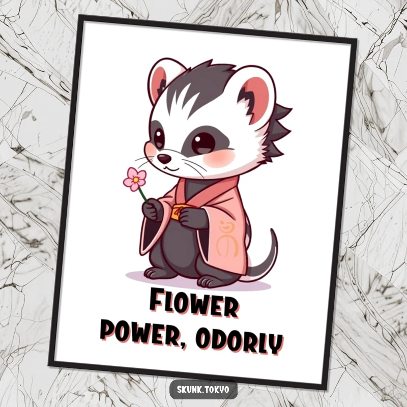 Funny free printable wall art of a skunk in a kimono delicately offering a flower, a humorous and unique downloadable piece.