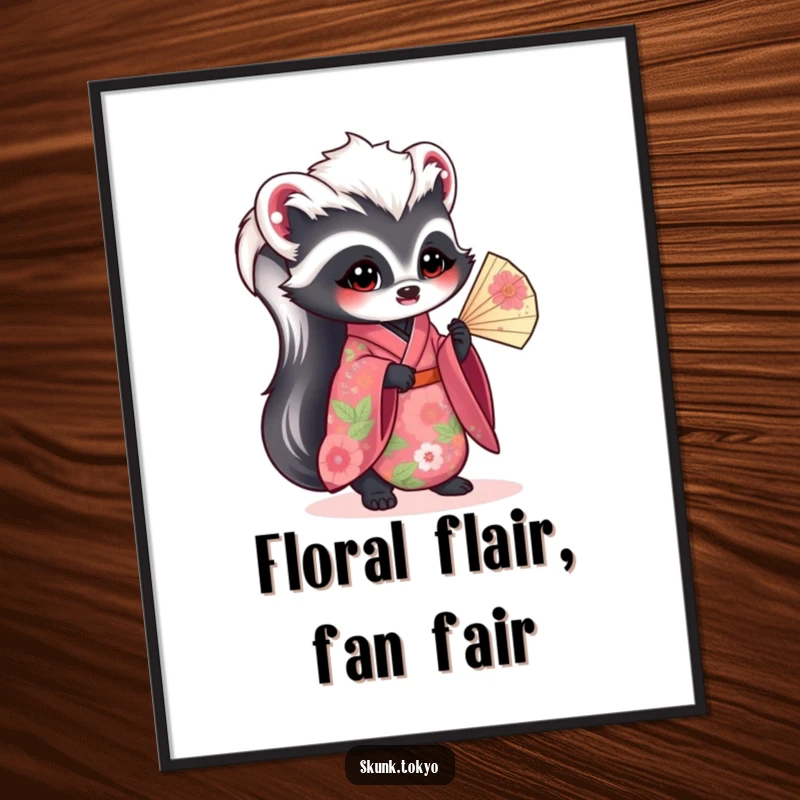 Funny Free Printable Wall Art: Kawaii Skunk in a floral kimono holding a fan with grace, chic downloadable art piece.