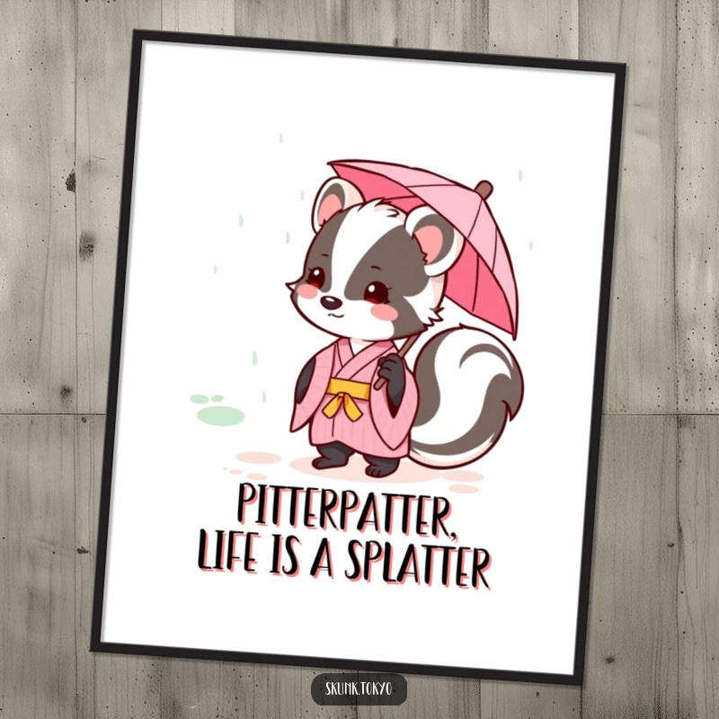 Funny Free Printable Wall Art depicting a kawaii skunk in a pink kimono holding a tiny umbrella during a gentle rain shower.