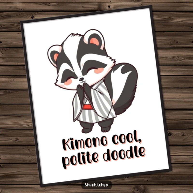 Funny Free Printable Wall Art: Kawaii Skunk in striped kimono bowing politely with a smile, welcoming downloadable art.
