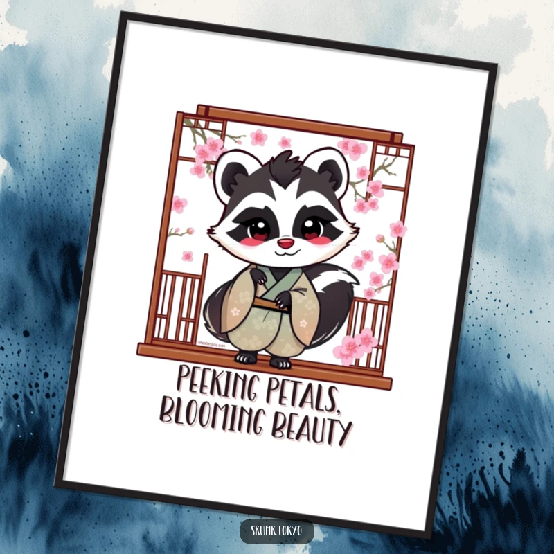 Funny Free Printable Wall Art: A skunk in a silk kimono playfully peeks from behind a screen of cherry blossoms, adding charm to your space.