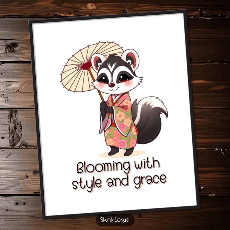 Funny Free Printable Wall Art: A cute skunk in a vibrant floral kimono gracefully twirls a decorated parasol, adding elegant whimsy to your decor.
