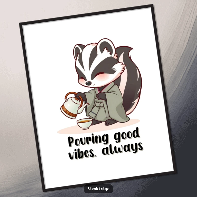 Funny Free Printable Wall Art: A skunk in a kimono carefully pours tea from a miniature kettle, bringing a touch of elegance and humor home.