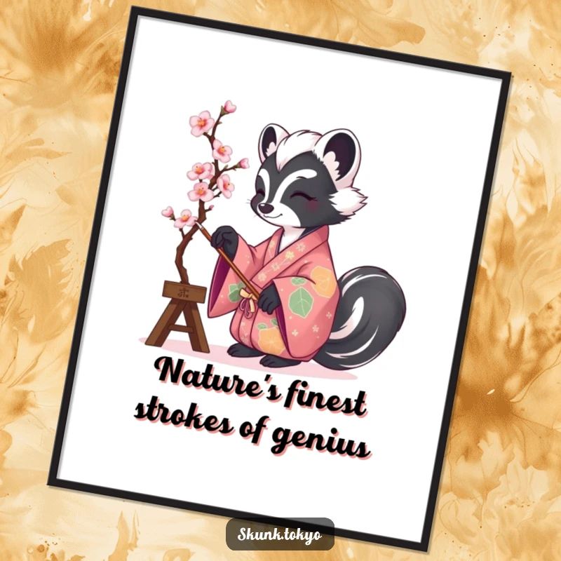 Funny Free Printable Wall Art: A skunk elegantly dressed in a vibrant kimono, skillfully painting a blooming cherry blossom branch.