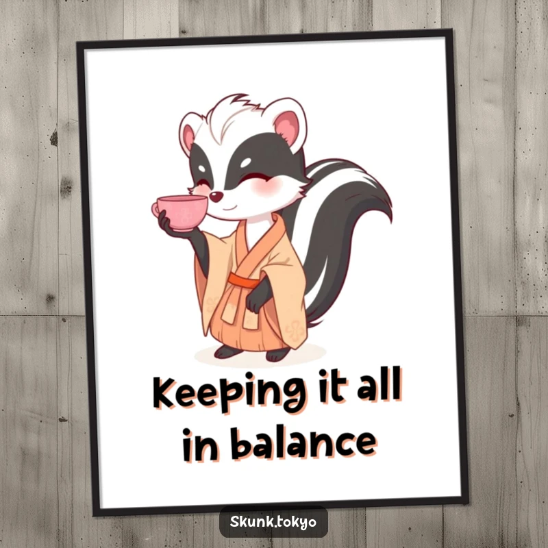 Funny Free Printable Wall Art: A skunk in a traditional kimono demonstrating incredible balance with a tea cup on its nose.