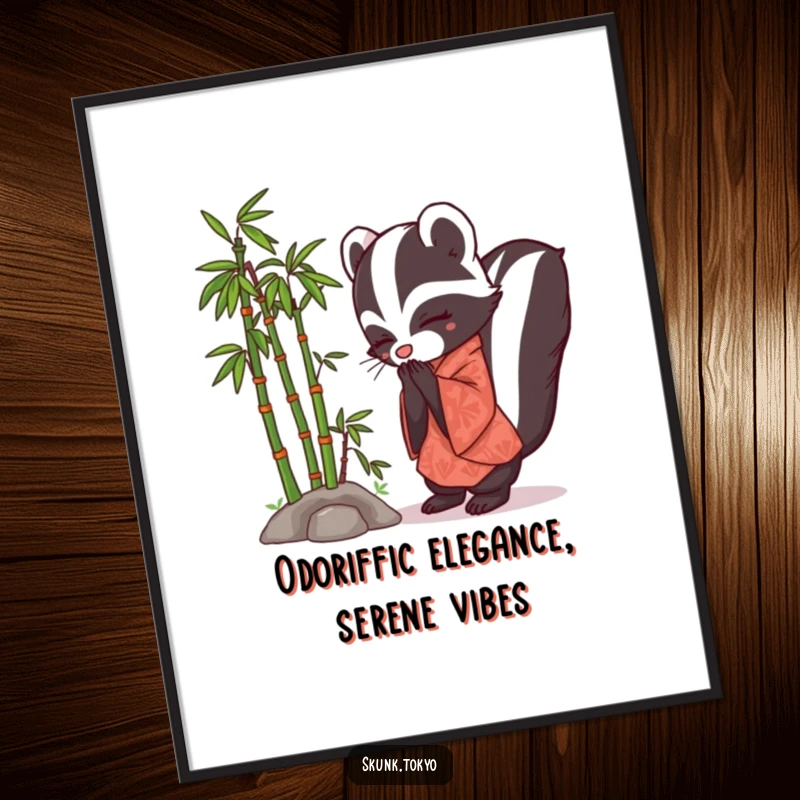 Funny Free Printable Skunk Kimono Wall Art: A polite skunk in a kimono bows beside a serene bamboo grove.