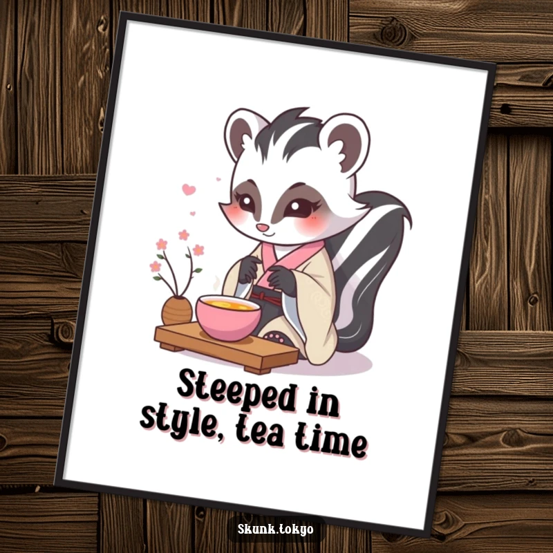 Funny Free Printable Wall Art: Kawaii Skunk in formal kimono conducting a delicate tea ceremony, peaceful downloadable art.