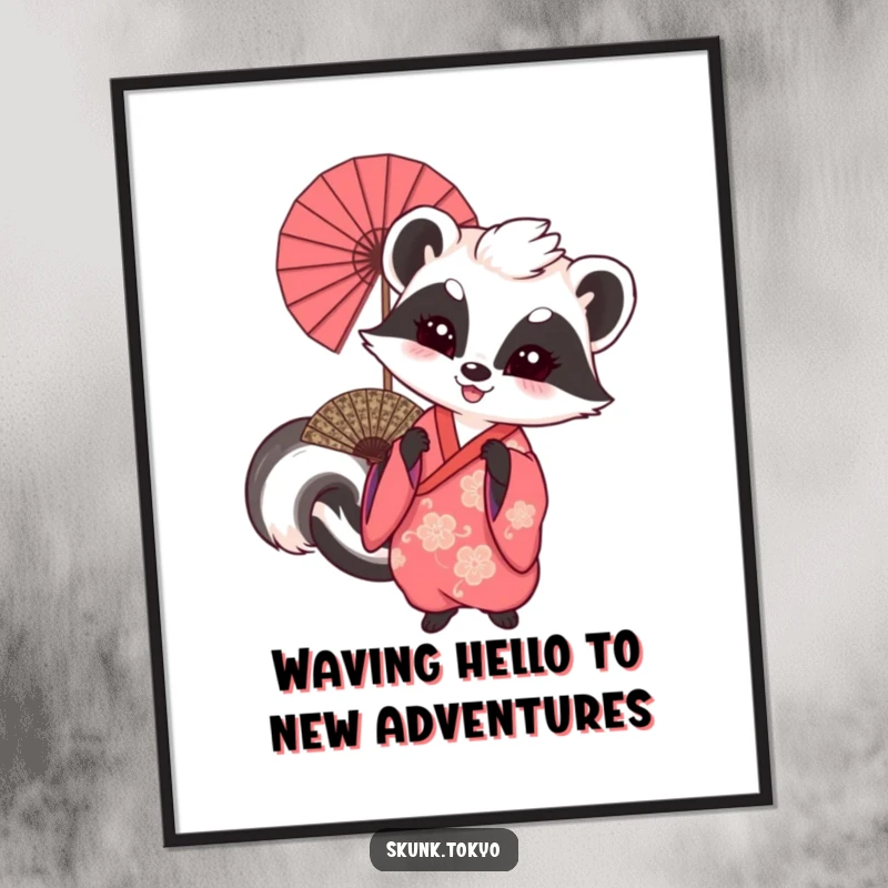 Funny Free Printable Wall Art: A skunk in a beautiful kimono energetically waving a large, decorative fan with a cheerful expression.
