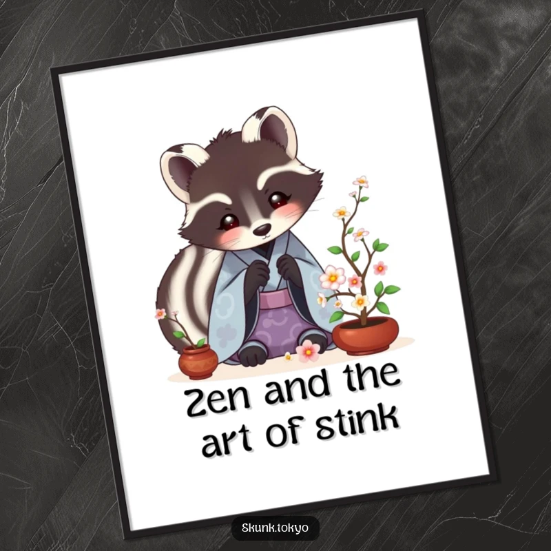 Funny Free Printable Skunk Ikebana Wall Art: A skunk artist in a kimono meticulously arranges delicate ikebana flowers.