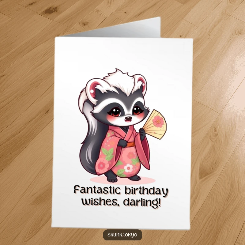 Funny Free Printable Birthday Card: Kawaii Skunk in floral kimono holding fan elegantly, a stylish downloadable greeting.