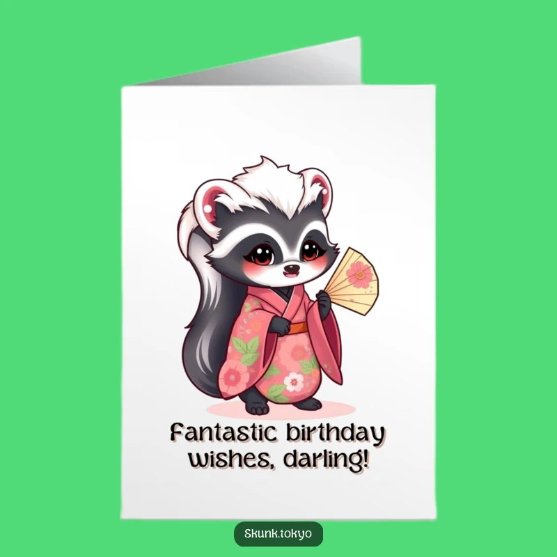 Free Printable Birthday Card: Elegant Kawaii Skunk with Fan - Funny Downloadable Gift!