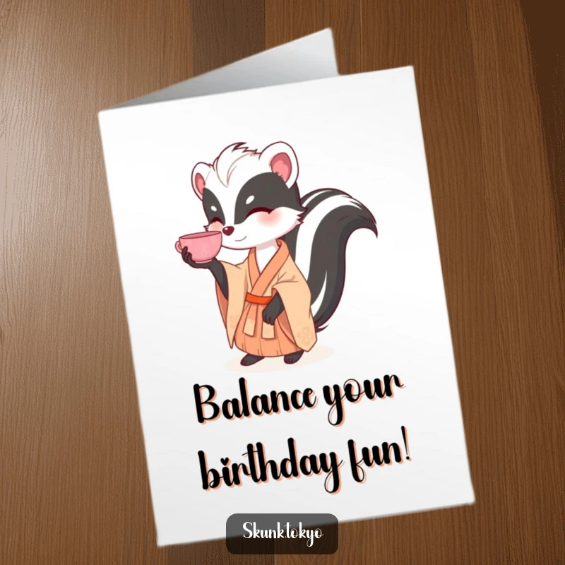 Funny Free Printable Birthday Card: A skunk in a beautiful kimono with intense focus, balancing a delicate tea cup on its nose.