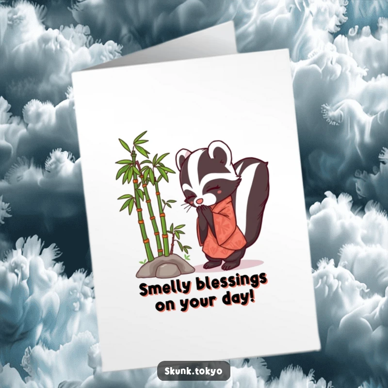 Funny Free Printable Skunk Kimono Birthday Card: A polite skunk in a kimono bows beside bamboo, offering birthday wishes.
