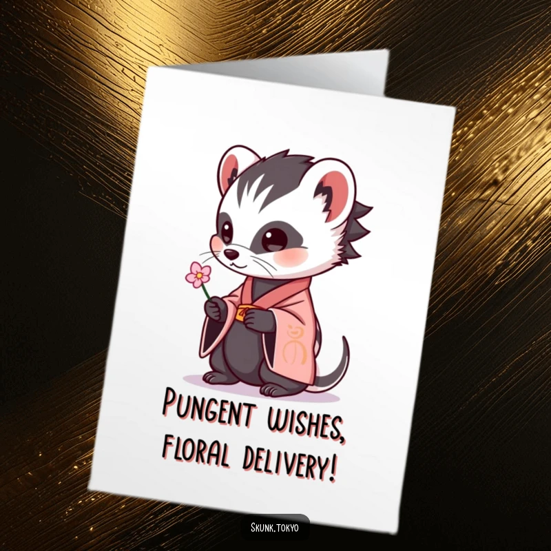 Funny free printable birthday card featuring a skunk in a kimono offering a flower, a unique and humorous downloadable gift.