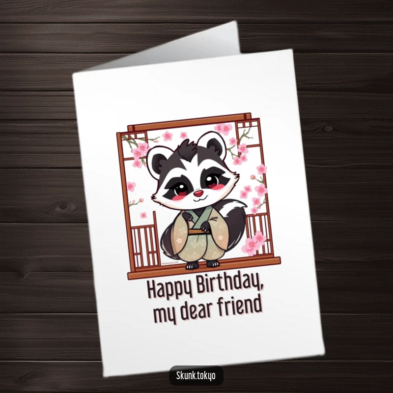 Funny Free Printable Birthday Card: A skunk in a silk kimono playfully peeks from behind a screen of cherry blossoms, wishing you happy birthday.