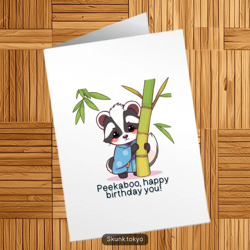 Funny Free Printable Birthday Card: Kawaii Skunk in blue kimono playfully peeking from behind bamboo, unique downloadable greeting.