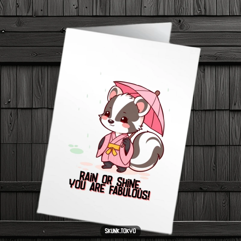 Funny Free Printable Birthday Card featuring a kawaii skunk in a pink kimono holding a tiny umbrella in the rain.