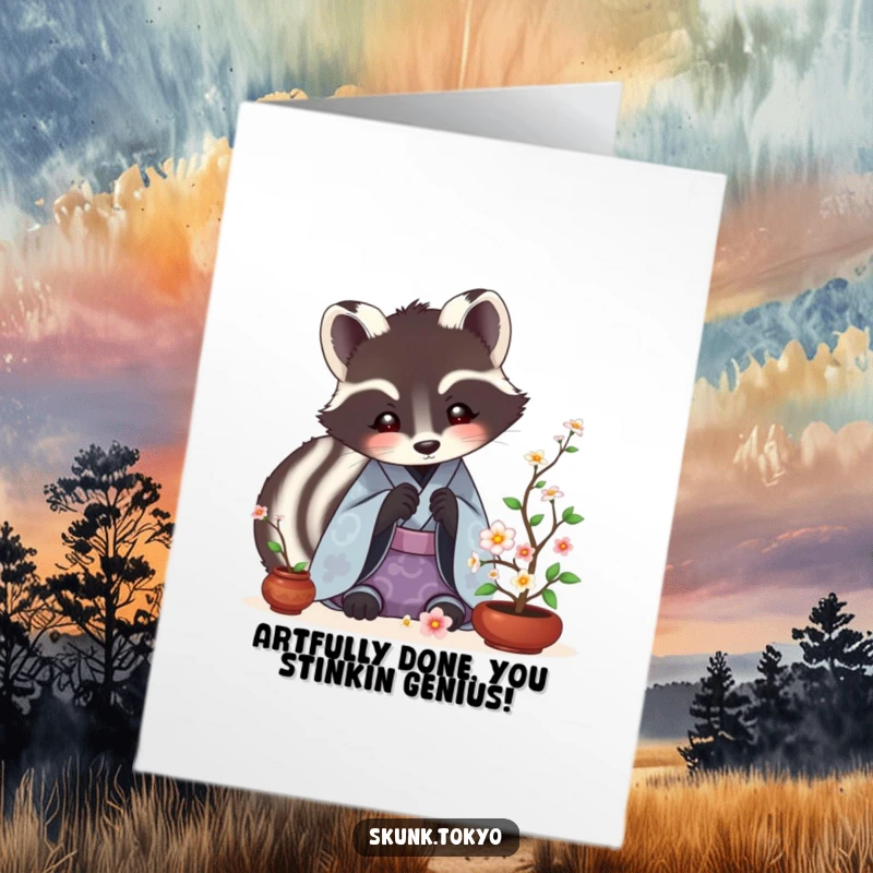 Funny Free Printable Skunk Ikebana Congratulations Card: A skunk artist delicately crafts ikebana, celebrating success.