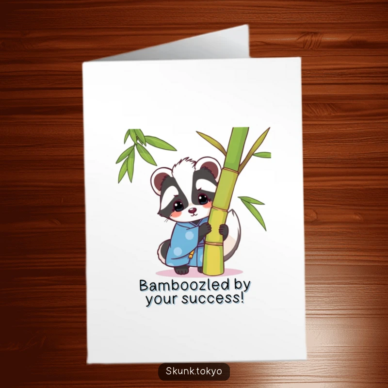 Funny Free Printable Congrats Card: Kawaii Skunk in blue kimono peeking playfully from bamboo, perfect for congratulations.