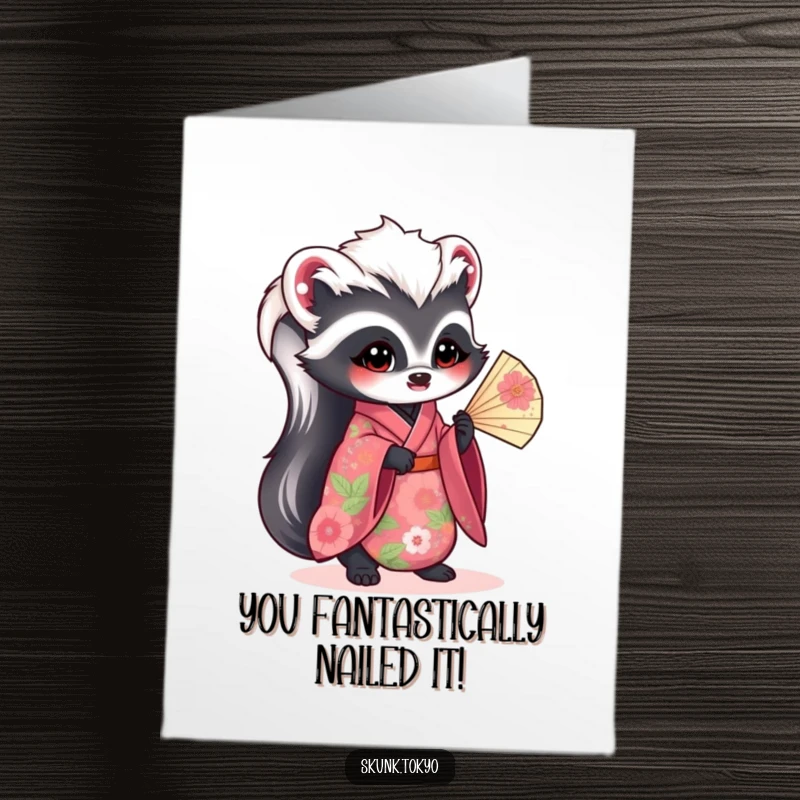Funny Free Printable Congrats Card: Kawaii Skunk in floral kimono gracefully holding a fan, perfect for congratulations.