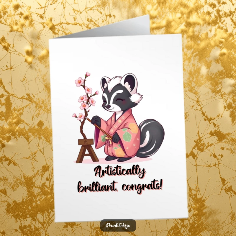 Funny Free Printable Congratulations Card: A skunk artist in a vibrant kimono painting delicate cherry blossoms, celebrating success.