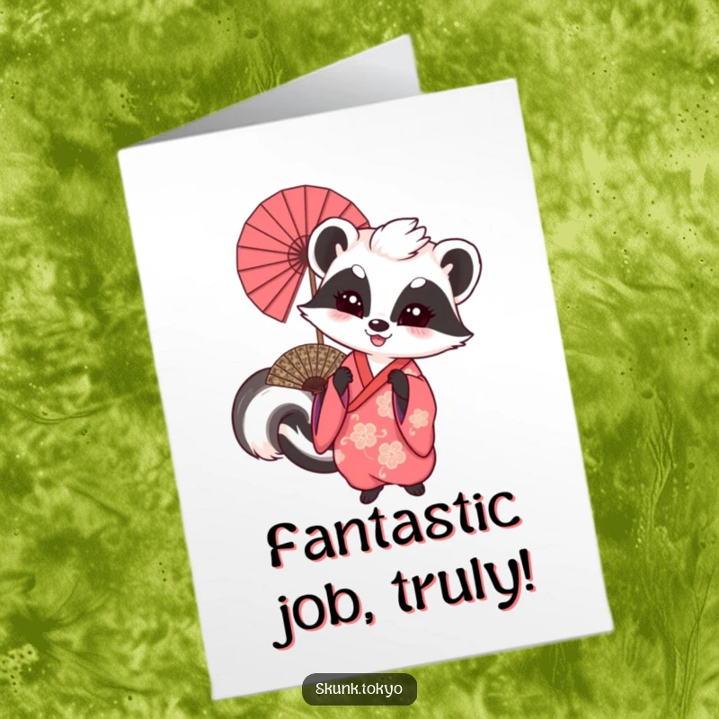 Funny Free Printable Congratulations Card: A skunk in a kimono playfully waving a large fan, celebrating your success with energy.