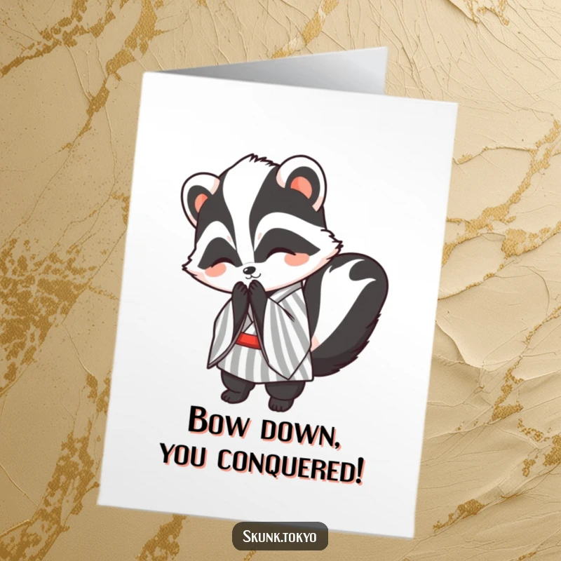 Funny Free Printable Congrats Card: Kawaii Skunk in striped kimono bowing politely and smiling, perfect for congratulations.