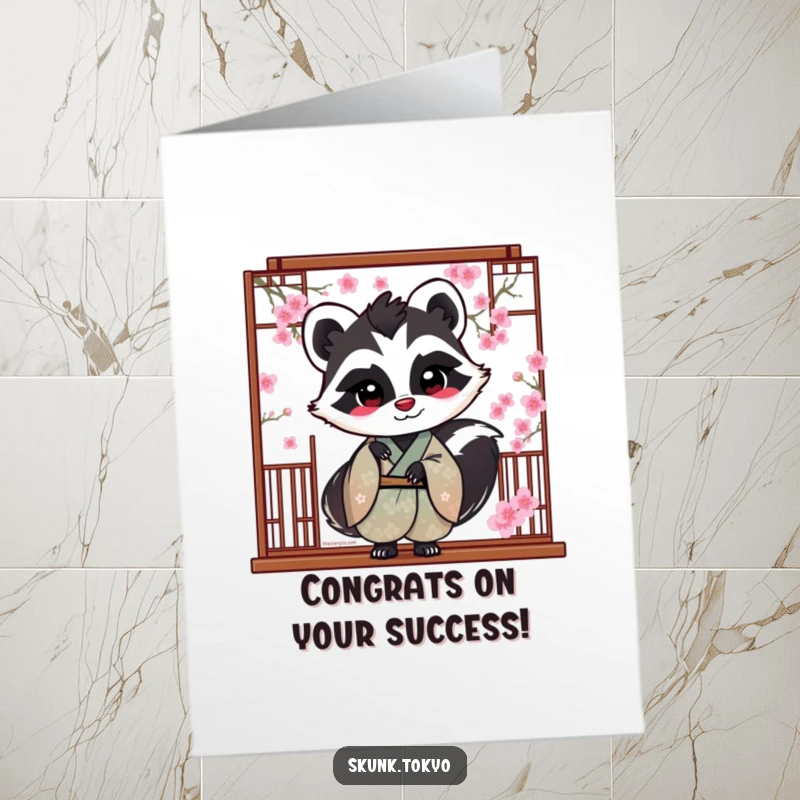 Funny Free Printable Congratulations Card: A skunk in a silk kimono playfully peeks from behind cherry blossoms, celebrating your success.