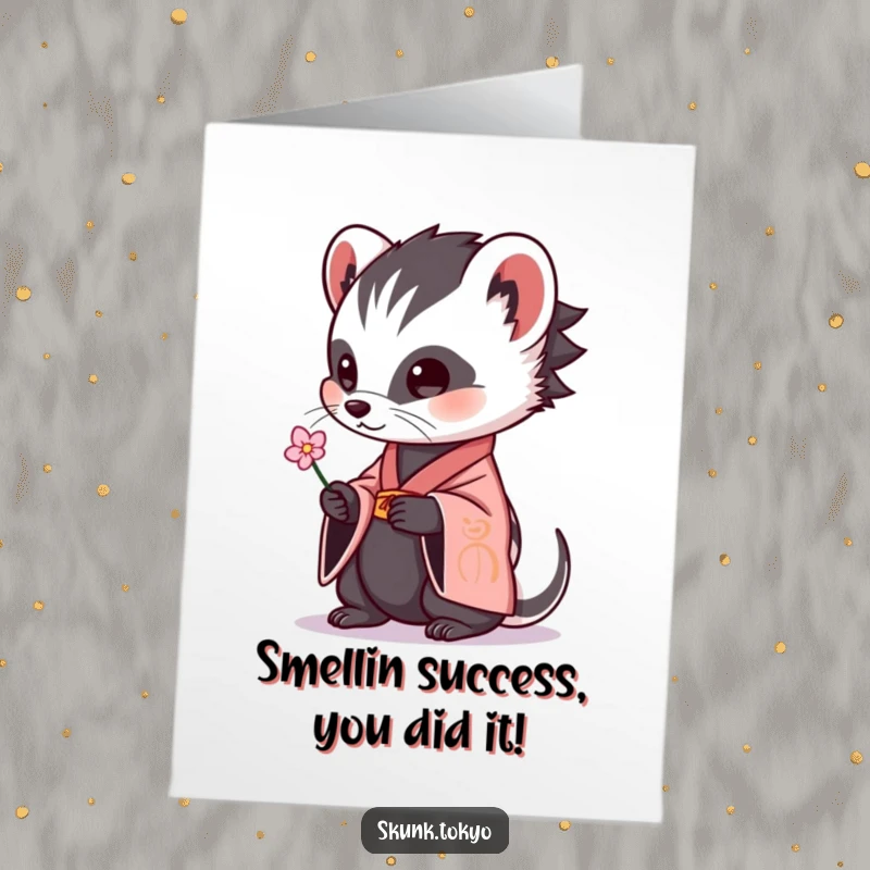 Funny free printable congratulations card with a skunk in a kimono offering a flower, a stylish and humorous downloadable surprise.