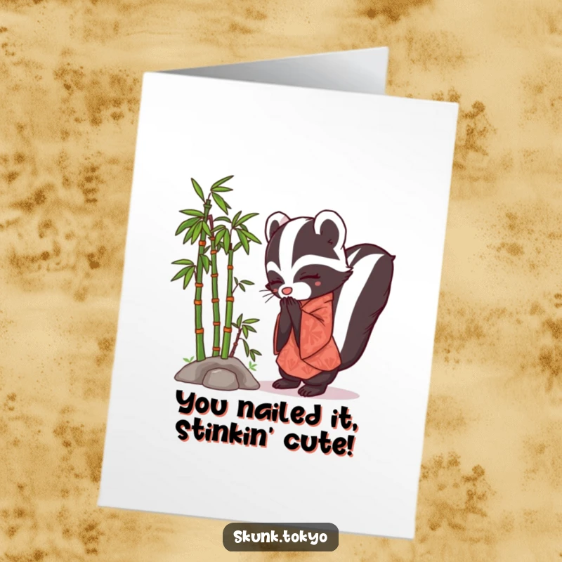 Funny Free Printable Skunk Kimono Congratulations Card: A bowing skunk in refined kimono style, perfect for celebrating achievements.