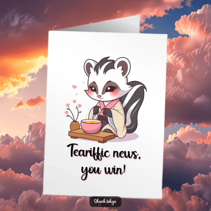 Funny Free Printable Congrats Card: Kawaii Skunk in formal kimono serving tea with delicate precision, ideal for celebrating.