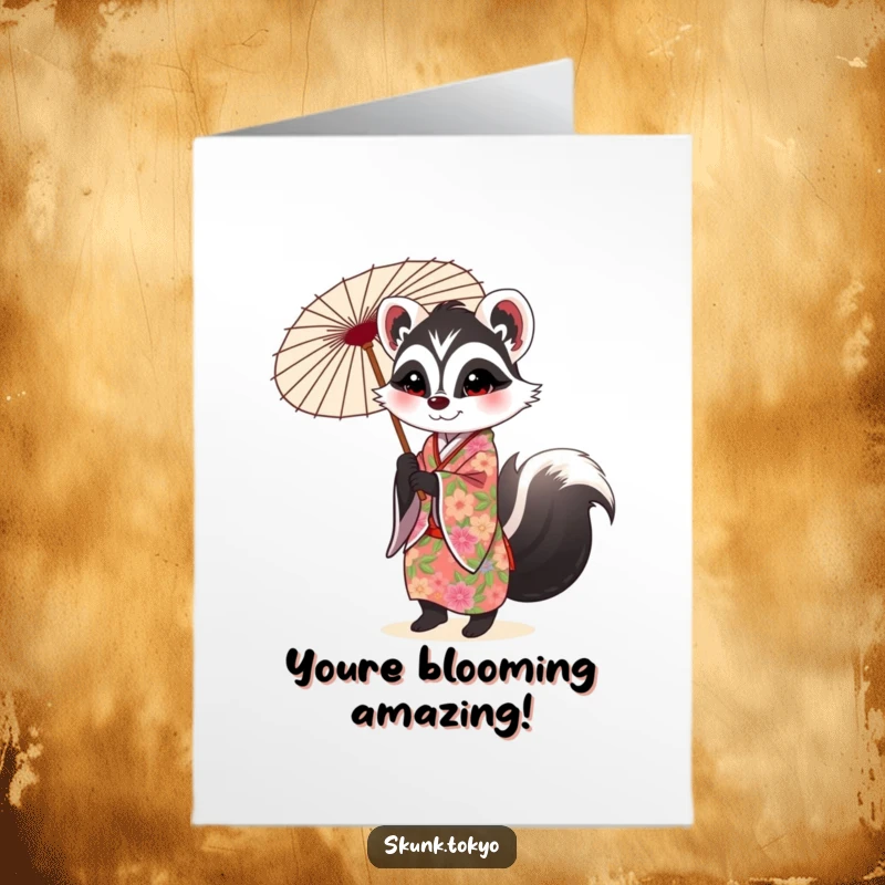 Funny Free Printable Congratulations Card: A cute skunk in a vibrant floral kimono twirls a parasol, celebrating your wonderful achievement.