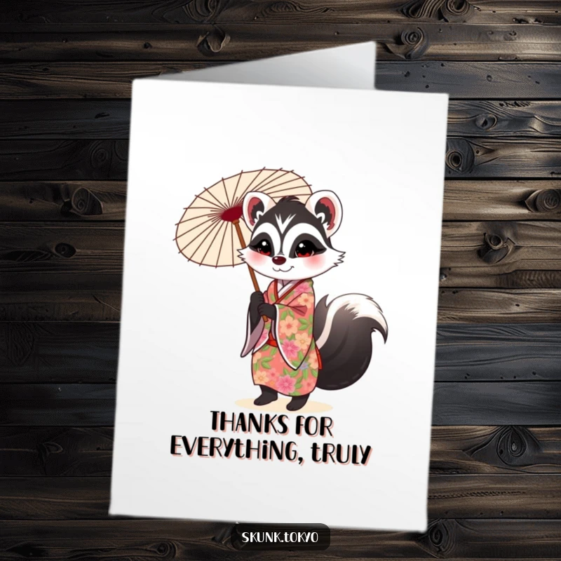 Funny Free Printable Thank You Card: A cute skunk in a vibrant floral kimono gracefully twirls a decorated parasol, sending heartfelt thanks.