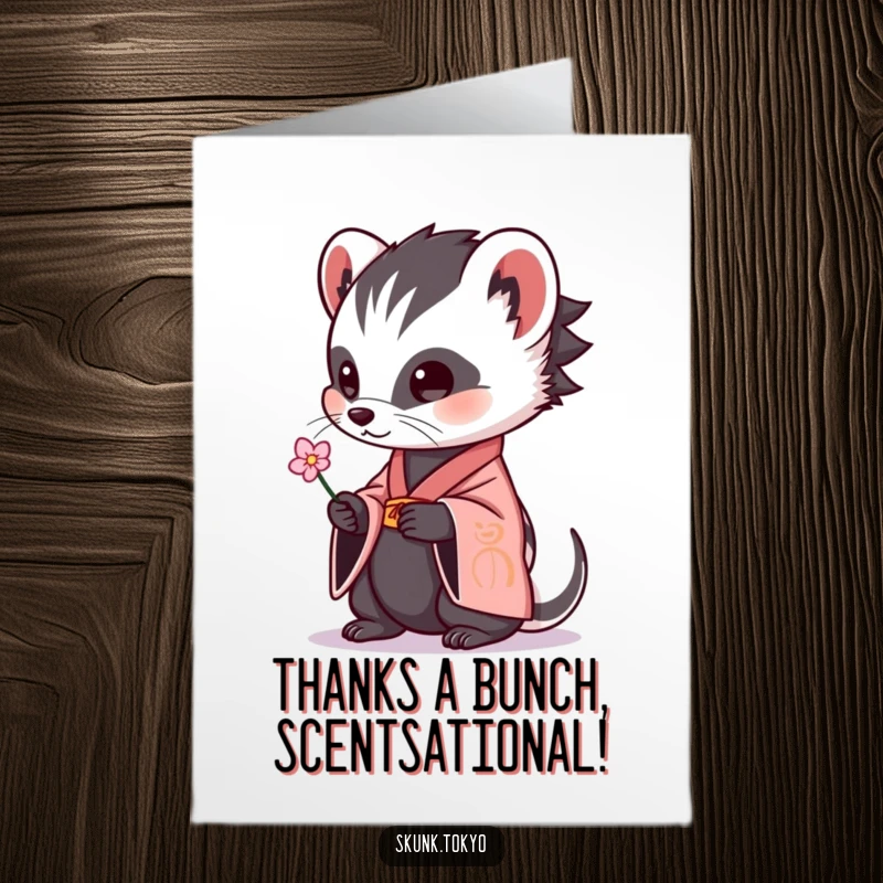 Funny free printable thank you card featuring a skunk in a kimono offering a flower, a unique and humorous downloadable expression of thanks.