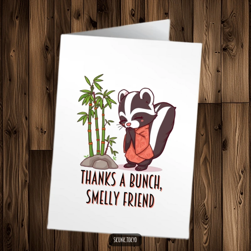 Funny Free Printable Skunk Kimono Thank You Card: A skunk in a kimono offers a polite bow of gratitude.