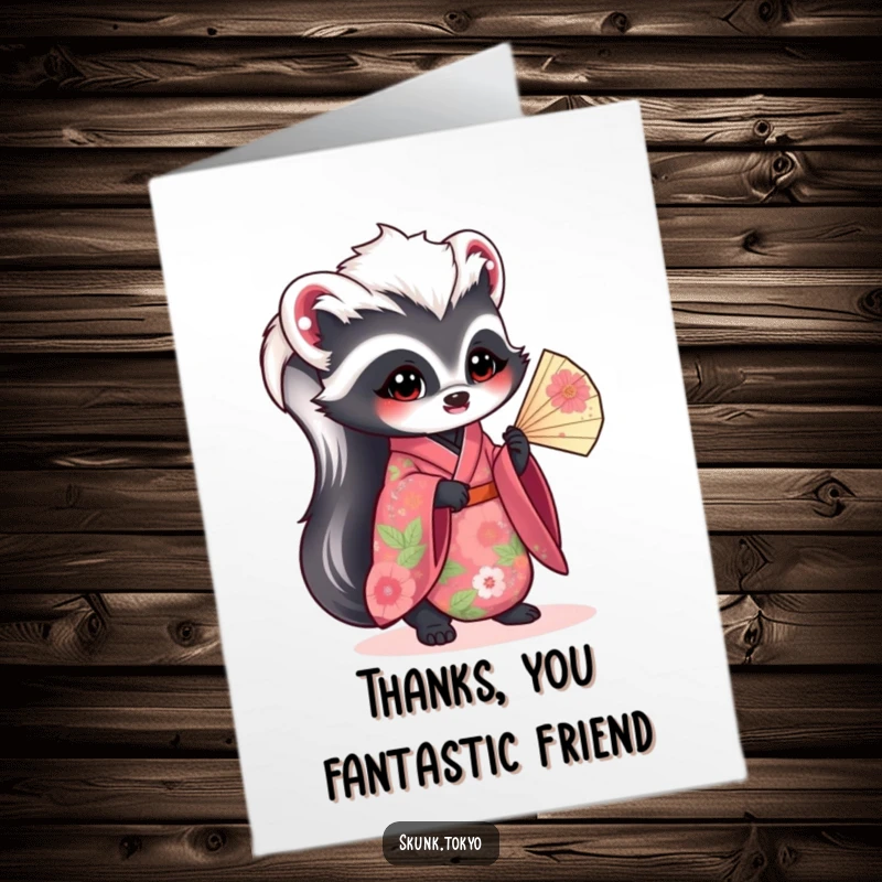 Funny Free Printable Thank You Card: Kawaii Skunk in a floral kimono holds a fan gracefully, a unique thank you.