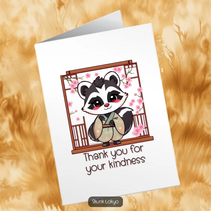 Funny Free Printable Thank You Card: A skunk in a silk kimono playfully peeks from behind elegant cherry blossoms, sending thanks.