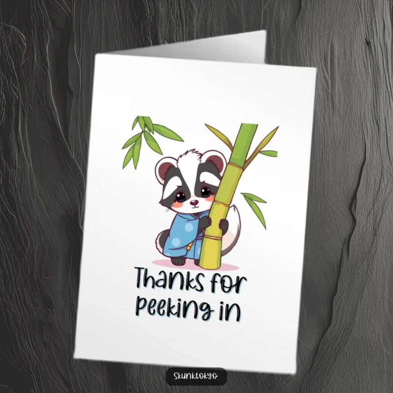 Funny Free Printable Thank You Card: Kawaii Skunk in blue kimono playfully peeking from behind bamboo, cute thank you.