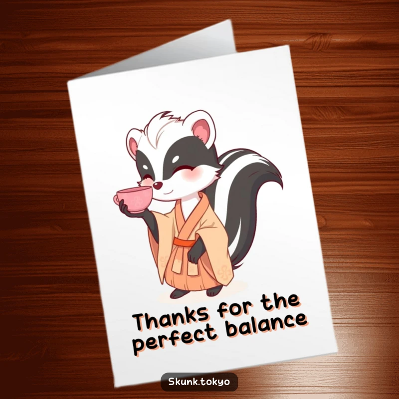 Funny Free Printable Thank You Card: A skunk in a kimono skillfully balancing a tea cup on its nose as a thank you.