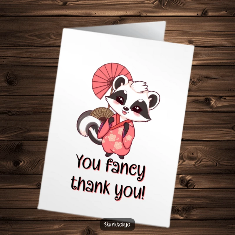 Funny Free Printable Thank You Card: A skunk in a kimono joyfully waving a large, ornate fan as a thank you.